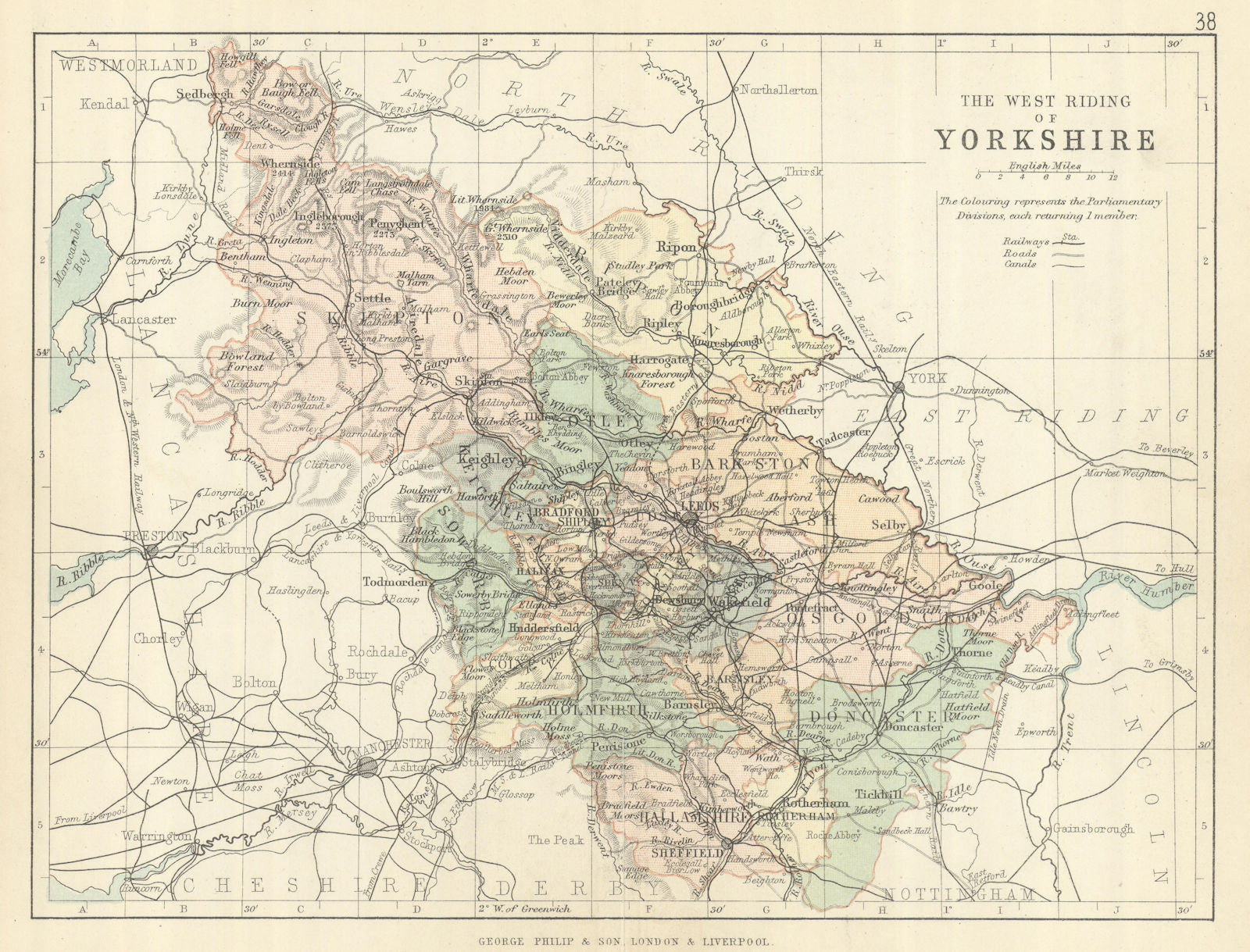 YORKSHIRE WEST RIDING. County map. Railways canals. Constituencies. PHILIP 1889